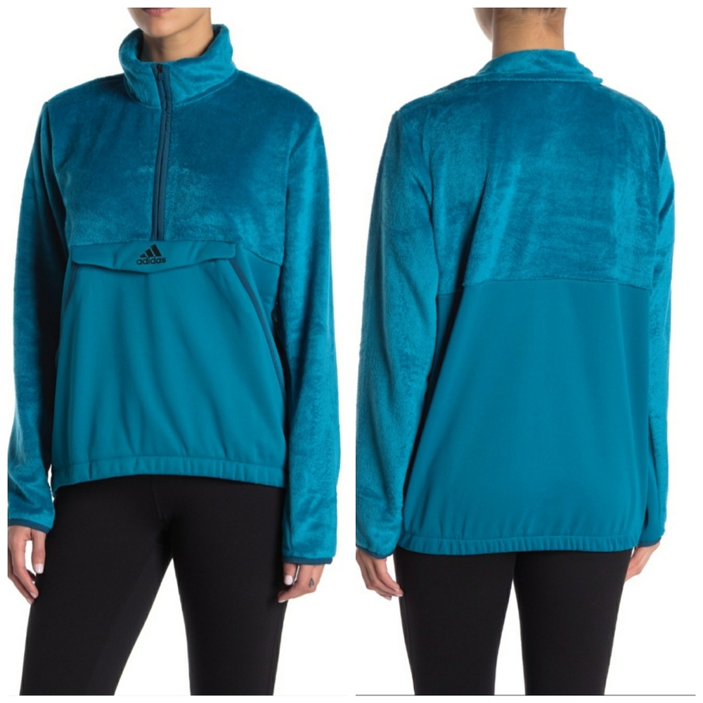 Adidas Half Zip Faux Fur Pullover Top DX9311 Teal